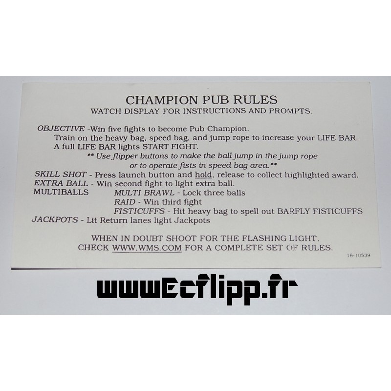 Carte instruction Corvette Champion Pub